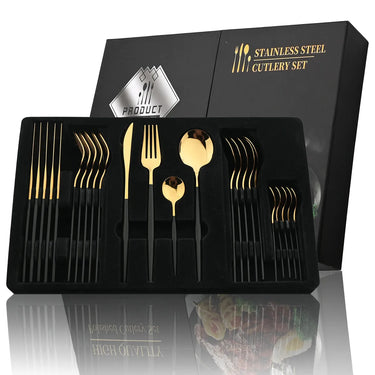 Black Handle Golden Stainless Steel 24Pcs Cutlery Set Kitchen Dinnerware Gift
